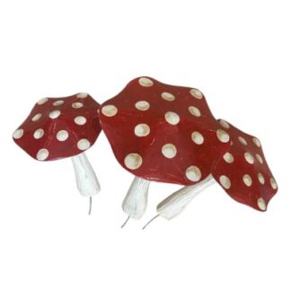 Set of three red painted mushrooms
