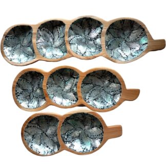 Set of 3 round teak bowl strips with shell inlay