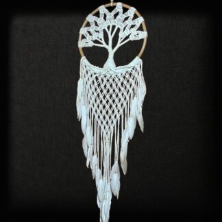 Macrame tree of life dreamcatcher with feathers on rattan frame
