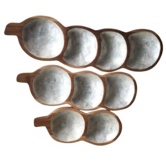 Set of 3 round teak bowl strips with shell inlay