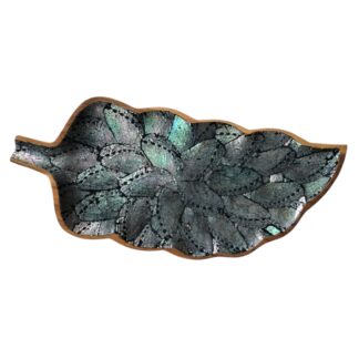 Leaf shape teak bowl with shell inlay