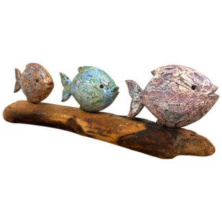 Triple painted fish on driftwood